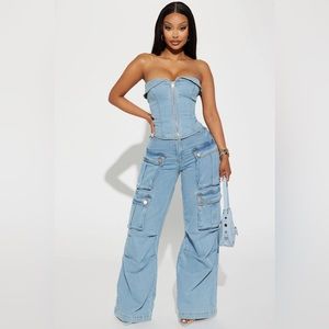 FashionNova Ciara Denim Pant Set- Light wash